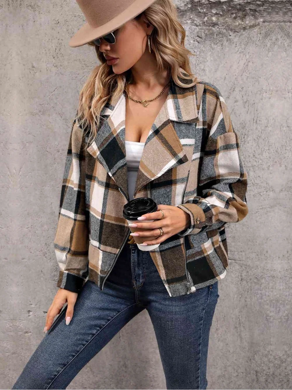 drape waterfalls Plaid Open-Front Jacket in Beige & Black - Women
